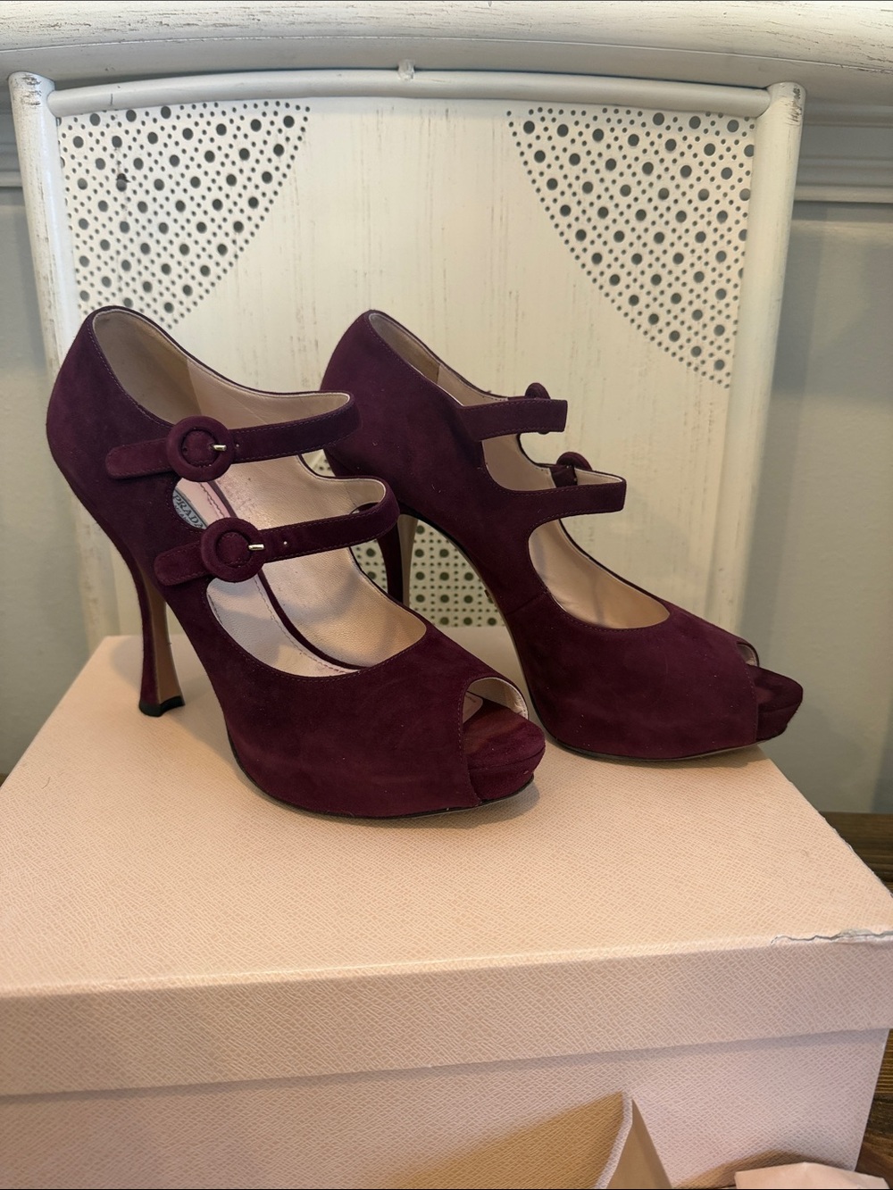 Prada Plum Suede Double-Strap Peep-Toe Heels sz39